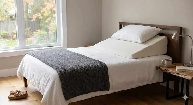 A photorealistic 4K image of a serene Canadian bedroom in the morning, featuring a white wedge elevated pillow for GERD on a queen bed with a grey knitted throw and soft, natural light filtering in.