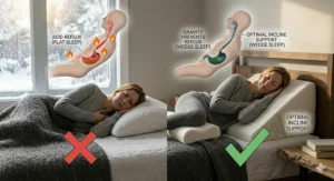 Comparison showing why a standard flat pillow fails while an elevated pillow for GERD provides effective nighttime relief.