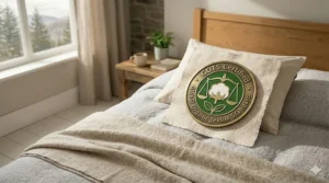 GOTS certification seal on a cotton pillow, ensuring sustainable organic standards for Canadian consumers.
