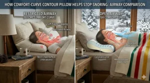 Illustration comparing a restricted airway vs. an open airway when using a contour pillow for snoring relief.