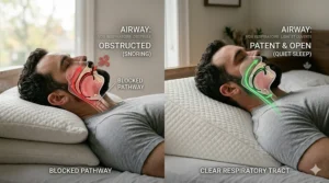 A photorealistic comparison illustration; the left side shows a sleeper with a collapsed airway causing snoring, and the right side shows an open airway achieved by using the ergonomic bed wedge pillow for improved breathing. Features anatomical detail and natural light, 4K.