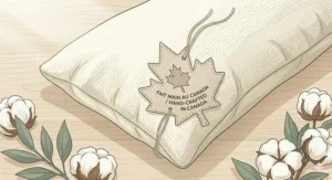 Illustration showing a cross-section of an eco friendly pillow organic deflecting dust mites and allergens, with bilingual hypoallergenic labeling.