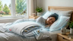 An illustration showing a hypoallergenic pillow barrier protecting against common Canadian indoor allergens and dust mites.