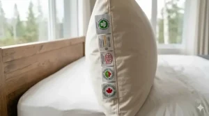 Photorealistic 4K graphic showing the hypoallergenic benefits and sleep data of a chemical free pillow for Canadians with sensitive skin.