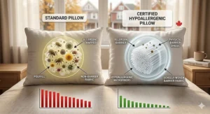A comparison graphic showing how a certified hypoallergenic pillow traps fewer allergens compared to a standard synthetic pillow.
