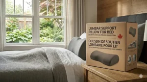 Product packaging illustration for a lumbar support pillow featuring English and French text (Coussin de soutien lombaire).