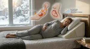 A pregnant woman in Canada using an elevated pillow for GERD to alleviate pregnancy-induced heartburn.