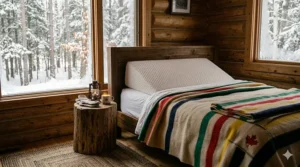 A photorealistic 4K illustration capturing a cozy, rustic Canadian log cabin bedroom. Natural daylight highlights the distinctive textured anti-snoring memory foam wedge pillow against a rough wooden headboard. The bedding includes an authentic multi-colored Hudson's Bay wool blanket, providing visual warmth during a winter snowfall visible outside the window.