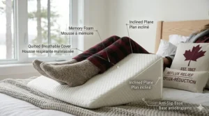 Detailed view of a white quilted wedge pillow on a bed with a Reflux Relief / Réduction-Reflux bilingual decorative pillow.