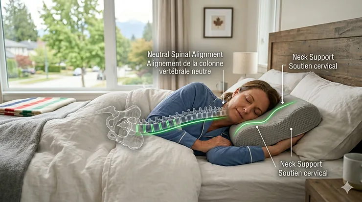 Diagram showing how a side sleeper pillow maintains neutral spinal alignment to improve airflow and sleep quality.