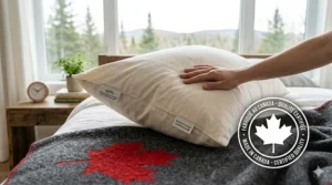 Illustration of natural materials used in a chemical free pillow, highlighting organic wool and GOTS certified cotton for Canadian homes.