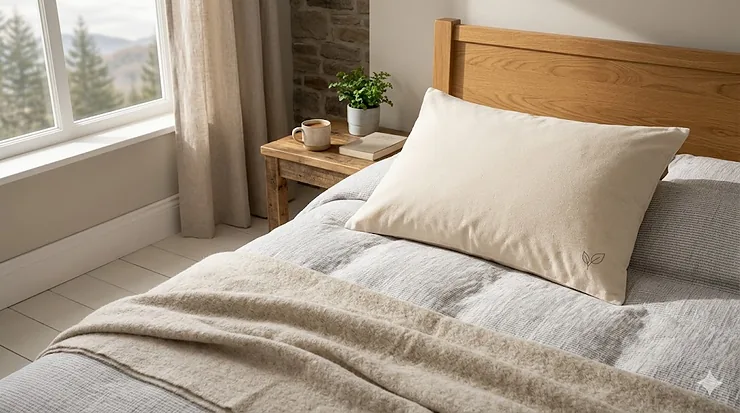 Premium organic cotton pillow on a cozy bed with a wool throw, styled for a modern Canadian home.