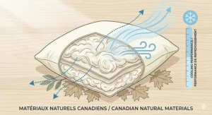 Illustration of raw GOTS certified organic cotton and Canadian wool fleece being used to fill a sustainable eco friendly pillow organic.
