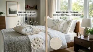 Illustration of a dog owner in Canada sleeping soundly on an allergen free pillow that protects against pet dander.