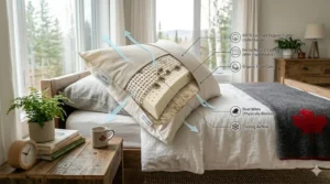 Cross-section photorealistic view of a chemical free pillow demonstrating superior airflow and cooling properties for humid Canadian summers.