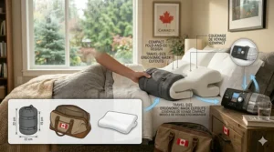 A compact, travel-friendly CPAP pillow designed for Canadians on the go, shown next to a travel-sized CPAP machine.