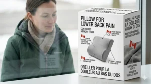 Illustration of a contoured body pillow for lower back pain providing support for an expectant mother.