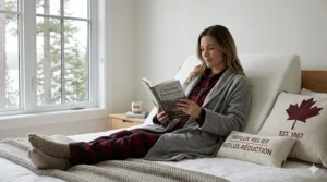 A Canadian woman in plaid pajamas using a wedge pillow for back support while reading Canadian Backwoods in bed.