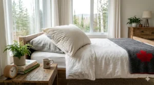 A chemical free pillow being unboxed from 100% recyclable, plastic-free packaging with "Made in Canada" branding for eco-conscious shoppers.