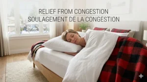 Illustration of a person waking up refreshed without congestion, ideal for Canadians with dust mite sensitivities.