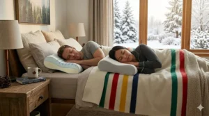 A happy, well-rested Canadian couple waking up in a bright room after using a contour pillow for snoring.