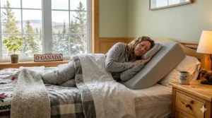 Illustration of a side sleeper using a wedge pillow to alleviate nighttime heartburn symptoms.