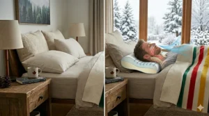 A Canadian man sleeping on his side using a contour pillow for snoring to maintain spinal alignment.
