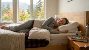 A side sleeper resting on a contoured elevated pillow designed to stop snoring and support neck alignment.