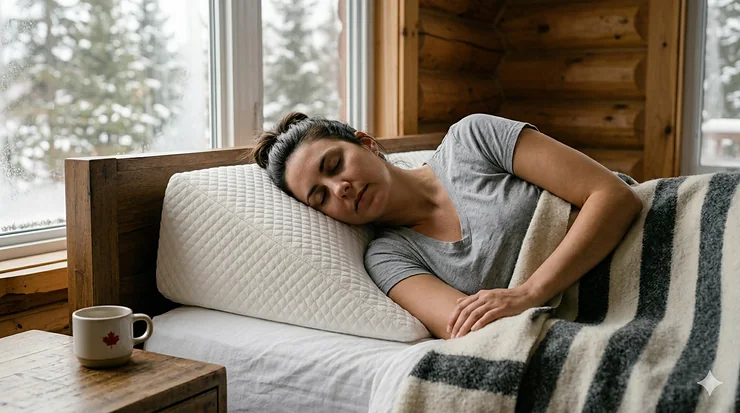 A detailed photorealistic 4K illustration featuring a woman resting comfortably on her side in a Canadian log cabin bedroom. She is supported by a textured memory foam wedge pillow which keeps her head elevated, promoting natural spinal alignment to prevent snoring. She is covered by a striped Hudson's Bay wool blanket. wedge pillow for snoring