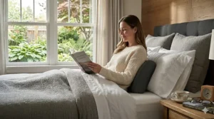 A person sitting up in bed reading a book with a lumbar support pillow providing lower back relief.