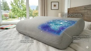 Illustration of pillow dimensions in centimeters and inches for Canadian customers measuring their bed space.