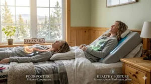 Comparative illustration showing poor flat sleeping posture vs. healthy inclined posture with an acid reflux pillow.