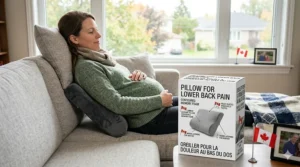 Illustration of a person performing physiotherapy stretches using a small pillow for lower back pain support.