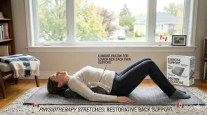 Compact travel pillow for lower back pain being used on a flight from Vancouver to Montreal.