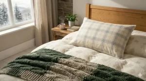 A cozy illustration of an organic cotton pillow paired with a flannel duvet, perfect for cold Canadian winters.