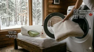 A photorealistic 4K detailed photograph focusing on removing the textured white quilted cover from the anti-snoring memory foam wedge pillow for maintenance. Icons indicating 'MACHINE WASHABLE' and 'GENTLE CYCLE' are visible on the washing machine door, alongside a Canadian Maple Leaf logo.