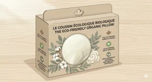 Conceptual illustration showing a zipper on an eco friendly pillow organic opening to reveal the natural fill, with a dotted line indicating the removable organic cotton cover is washable.