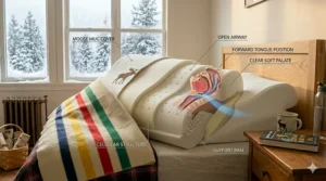 An easy-to-follow illustration showing how to remove the hypoallergenic cover of an elevated anti-snore pillow for cleaning.