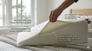 Woman resting on an inclined wedge pillow featuring integrated sleep tracking and thermoregulation foam for nighttime comfort.