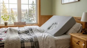 Illustration of a memory foam wedge pillow designed for GERD and heartburn relief for Canadian sleepers.