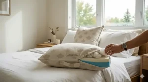 Diagram showing the adjustable fill of an all season pillow for side, back, and stomach sleepers.