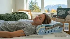 Diagram of an adjustable loft pillow for multiple issues, showing customizable layers for side, back, and stomach sleepers.