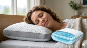 Illustration showing the pillow's comfort in both a snowy Canadian winter landscape and a warm summer setting.