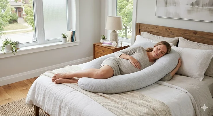 A comfortable pregnant woman sleeping on her side supported by a grey plush C shaped pregnancy pillow in a bright Canadian home.