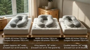 A photorealistic 4K technical illustration comparing the fit of a grey U-shaped full body pregnancy pillow on Canadian Queen, King, and Double mattresses, featuring bilingual measurement labels under natural light.