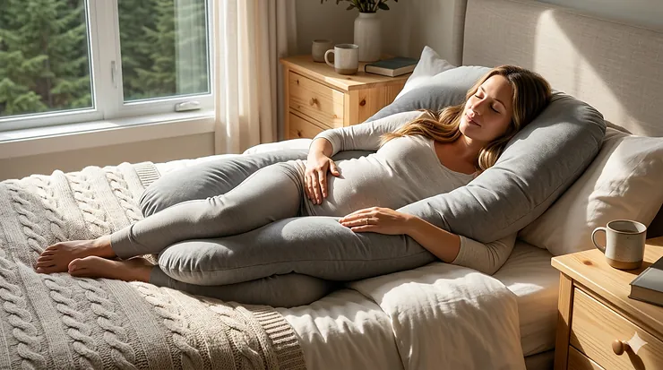 An expectant mother resting comfortably on her side while using a U shaped full body pregnancy pillow in a cozy Canadian bedroom setting.