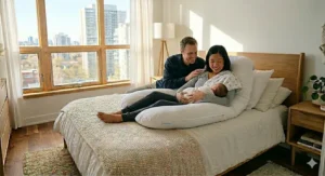 An educational illustration showing how the best pregnancy pillow transitions into a supportive nursing cushion and postpartum backrest for Canadian mothers.