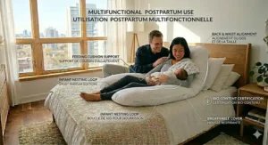 A medical illustration showing optimal side sleeping posture and spinal alignment using the best pregnancy pillow to maintain circulation and maternal health in Canada.