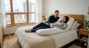 An illustrative diagram of a U-shaped total body pillow, detailing head, back, belly, and knee support, rated as a best pregnancy pillow choice for Canadian moms.