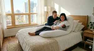 A minimalist illustration of a compact pregnancy wedge pillow providing targeted belly relief and portable support, designed for Canadian maternity travel.